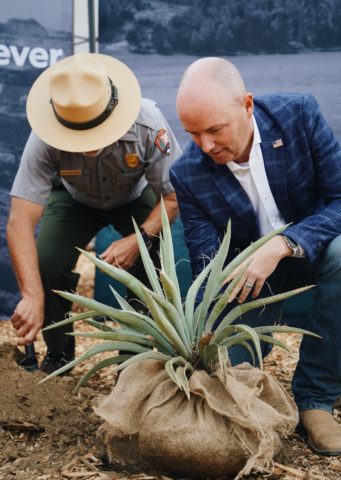 Governor Spencer Cox and Superintendent Jeff Bradybaugh participate in the ceremony's "groundplanting".